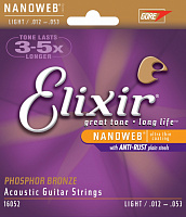 Струны для акустической гитары Elixir 16052 Phos Bronze NanoWeb Light