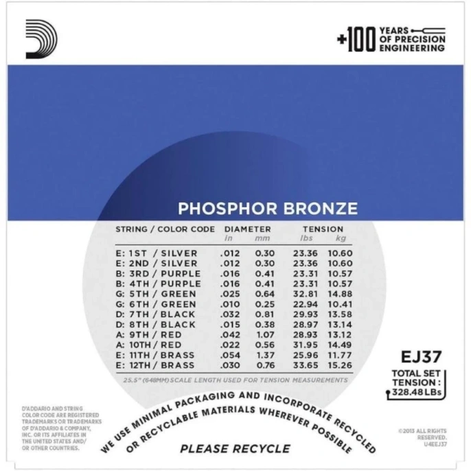 Струны для 12-струнной акустической гитары D’Addario EJ37 12-54