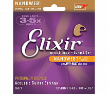 Струны для акустической гитары Elixir 16027 Phos Bronze NanoWeb Custom Light
